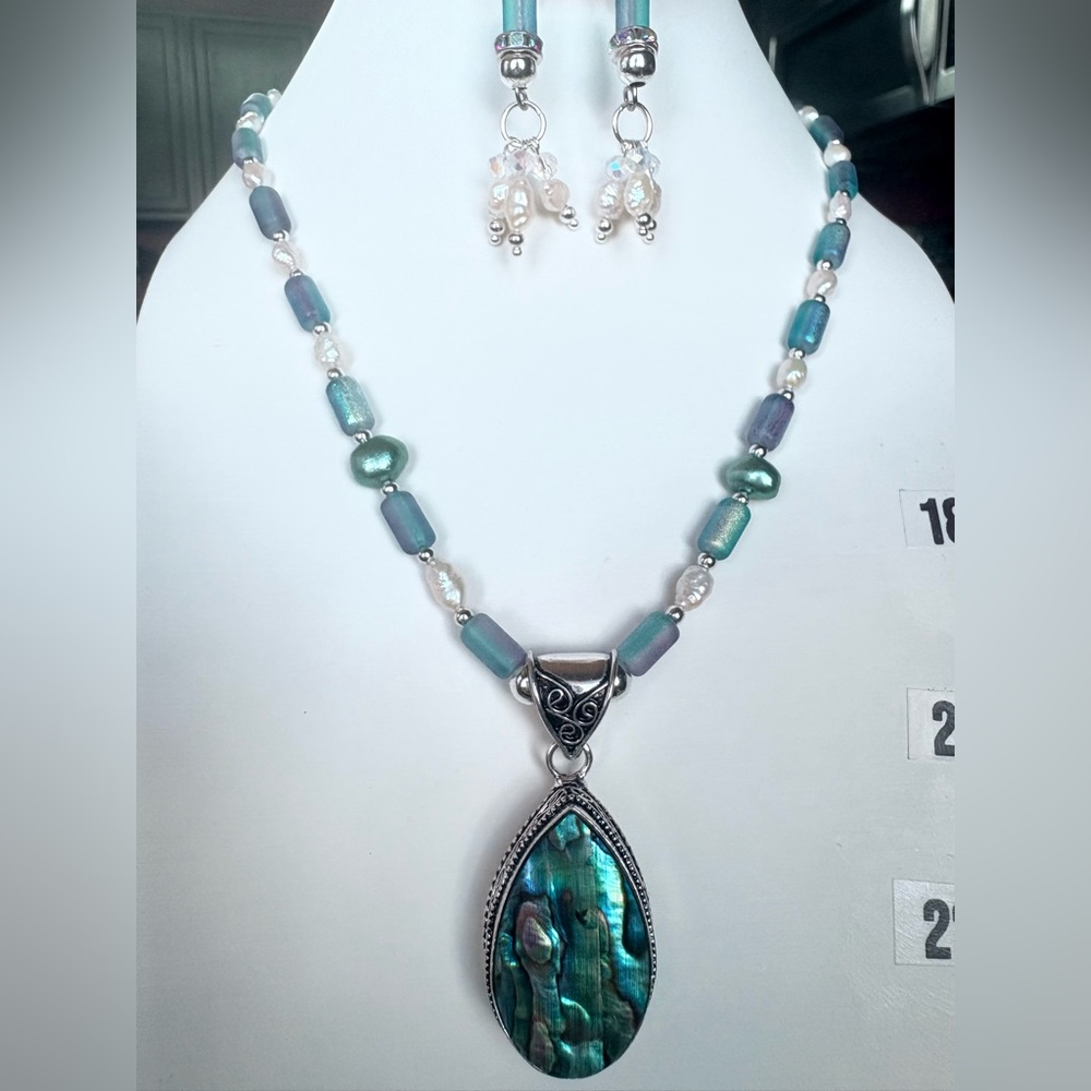 Artisan Handmade Abalone Teardrop Pendant Glass & Pearl Necklace & Earrings Set